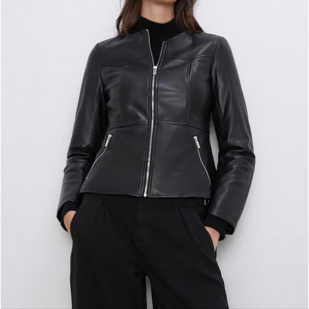 Zara Black Faux Leather Collarless Moto Biker Jacket Full Zip Fitted Small